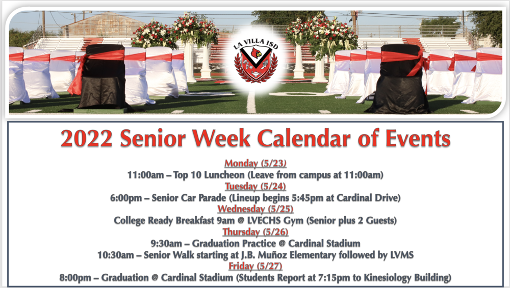 Update to the 2022 Senior Week Calendar of Events La Villa Early